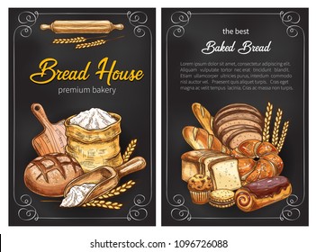 Bakery Shop Sketch Posters Design Of Bread, Flour Sack Bag And Sweet Baked Pastry. Vector Wheat Loaf And Rye Bagel Or Chocolate Croissant, Baguette And Toast For Baker Store Premium Design