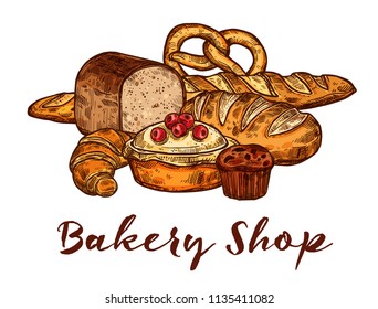 Bakery shop sketch of wheat bread and sweet pastry. Loaf of rye bread, french baguette and croissant, chocolate cupcake, fruit pie and bavarian pretzel poster for bakery and pastry food label design