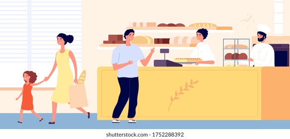 Bakery shop. Small bread store interior, woman man buy snack. Flat bakers customers characters. Food vendor business vector illustration