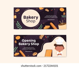 Bakery Shop Social Media Banner Template Flat Cartoon Background Vector Illustration