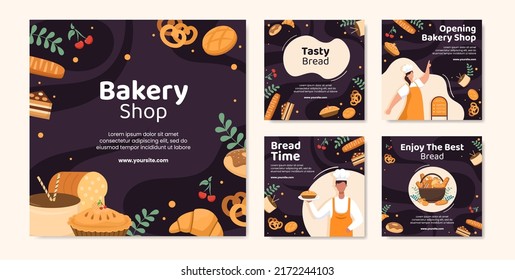 Bakery Shop Social Media Post Template Flat Cartoon Background Vector Illustration