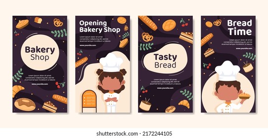 Bakery Shop Social Media Stories Template Flat Cartoon Background Vector Illustration