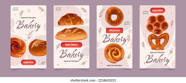 Bakery shop social media templates for stories, ads banners set. Promo posters design for bread or bake house production, isolated layouts with croissants, buns or pretzel, Cartoon vector illustration