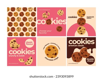 Bakery shop social media templates for posts, ads banners set. Promo posters design for cookies brand or bake shop production, isolated layouts with choco chip cookies painting vector illustration