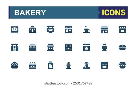 Bakery and bakery shop solid icons set. collection of stove, mixer, bakery ingredients and more. glyph editable and pixel perfect symbol pack. Filled icon for web and ui.