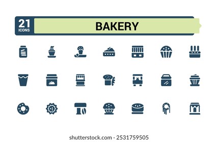 Bakery and bakery shop solid icons set. collection of stove, mixer, bakery ingredients and more. glyph editable and pixel perfect symbol pack. Filled icon for web and ui.