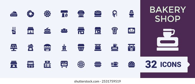 Bakery shop solid icons set. collection of cake, croissant, cupcake, stove, mixer, bakery ingredients and more. Filled icon for web and ui. glyph editable and pixel perfect symbol pack.