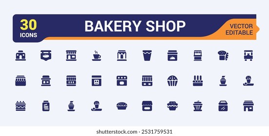 Bakery shop solid icons set. collection of cake, croissant, cupcake, stove, mixer, bakery ingredients and more. Filled icon for web and ui. glyph editable and pixel perfect symbol pack.