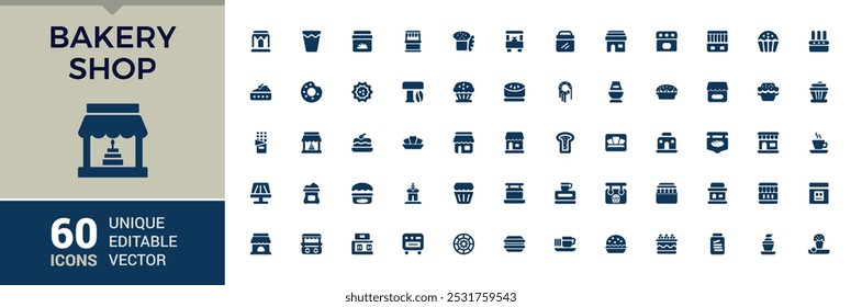 Bakery shop solid icons set. collection of cake, croissant, cupcake, stove, mixer, bakery ingredients and more. Filled icon for web and ui. glyph editable and pixel perfect symbol pack.