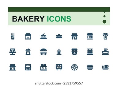 Bakery and bakery shop solid icons set. collection of stove, mixer, bakery ingredients and more. glyph editable and pixel perfect symbol pack. Filled icon for web and ui.