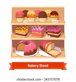 Bakery shop stand with sweet desserts: cupcakes, cakes and bread with frosting. Flat style illustration.