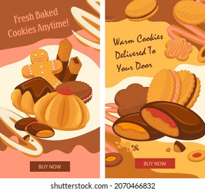 bakery shop or store assortment and promo for clients. Fresh cookies and biscuits with jams and sweet berry fillings. Promotional banner or poster with discounts and sales. Vector in flat style