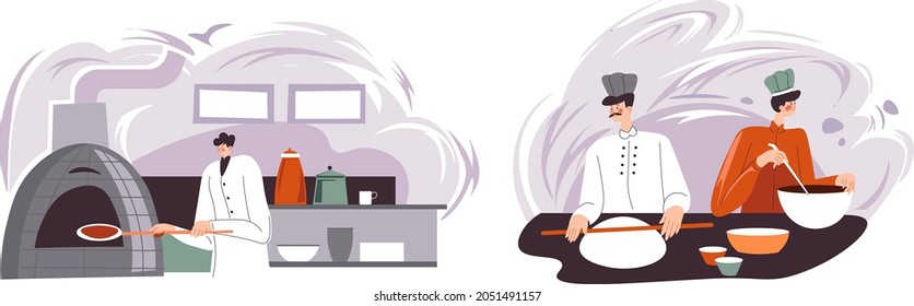 Bakery Shop Or Store, Chef Cooking And Preparing Tasty Food In Kitchen. Making Dough From Flour, Pizza Base Or Buns. Man Using Stove Or Old Oven For Heating. Vector In Flat Style Illustration