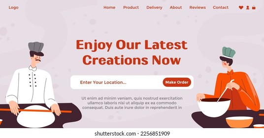 bakery shop store or shop offering the latest products and goods for clients to try. Tasty meal, bread cakes, and buns. Website landing page template, online internet page. Vector in flat style