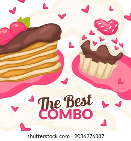 Bakery shop, store promotional banner best combo. Order cake and muffin, cupcake with cream and decorative frosting, cherries and fruits. St valentines day menu in cafe. Vector in flat style