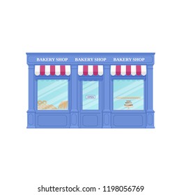 Bakery shop, storefront. Vector. Vintage store front. Facade retail building with window. Exterior house, retro street architecture. Cartoon illustration isolated in flat design.  