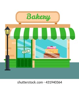 Bakery Shop, stores front icon flat style. Vector illustration