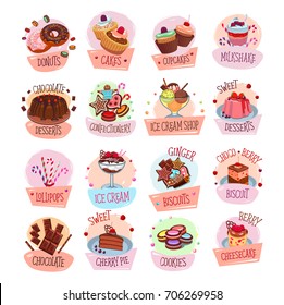 Bakery shop sweets and desserts icons for cafeteria menu. Vector set of berry and fruit cakes, chocolate pies or pastry cookies and biscuits, ice cream or tiramisu and brownie tortes and donuts