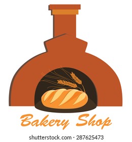 Bakery shop symbol fresh loaf of white bread with ears of wheat in oven vector illustration