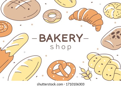 Bakery Shop Template Banner with Text Place. Various Bakery Products Collection. Baguette, Toast, Pretzel, Croissant and Other Variety of Bread.  Flat Cartoon Vector Illustration and Background.