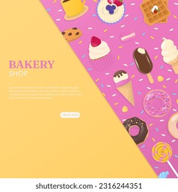 Bakery shop template. Donuts, ice cream, cupcake, and candy with text on pink and yellow background.
