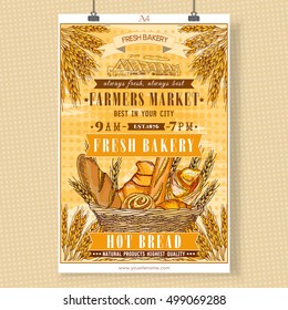 Bakery shop template signboard. Fresh bread. Basket of fresh bread and rolls 