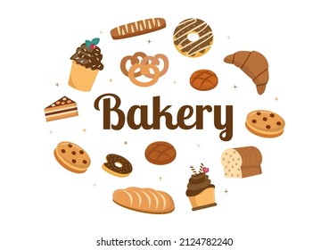 Bakery Shop That Sells Various Types of Bread such as White Bread, Pastry and Others All Baked in Flat Background for Poster Illustration