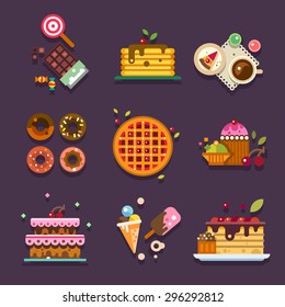 Bakery shop. Types of home-made sweets, cakes and pastries and various delicious food. Paradise for the sweet tooth. Vector flat illustration