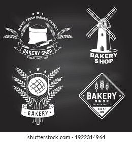 Bakery shop. Vector Concept for badge, shirt, label, print, stamp or tee. Typography design with bag with flour, ears of wheat silhouette. Template for restaurant identity objects, packaging and menu