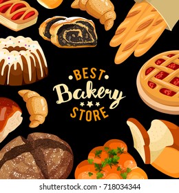 Bakery shop vector frame. Baked bread products wheat, rye bread loafs, bagels, sliced bread toasts, croissant, bun, cherry pie, cake with icing.