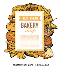 Bakery shop vector hand drawn concept with different types of fresh bread and bakig goods. Isolated on white poster. Baguette, croissant, bun and baked fresh bread.