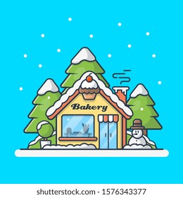 Bakery Shop Vector Icon Illustration. Bakery Shop In Winter Season. Building And Winter Icon Concept White Isolated. Flat Cartoon Style Suitable for Web Landing Page, Banner, Sticker, Background
