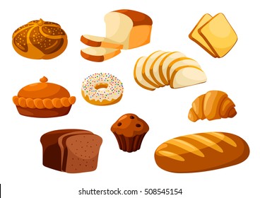 Bakery shop vector icons. Baked bread products wheat, rye bread loafs, bagels, sliced bread toasts, croissant, chocolate muffin, donut, meat and fruit pie. Elements for bakery, pastry design