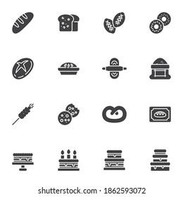 Bakery Shop Vektorsymbole Set, moderne solide Symbolsammlung, gefülltes Piktogramm-Paket. Zeichen, Logo-Illustration. Set enthält Symbole wie Brotlaib, Donut, Pfannkuchen, Geburtstagskuchen, Mehlbeutel, Teig