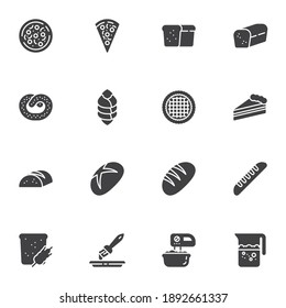 Bakery shop vector icons set, modern solid symbol collection, filled style pictogram pack. Signs, logo illustration. Set includes icons as pizza slice , bagel, bread, pancake, piece of cake