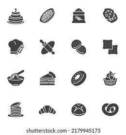 Bakery shop vector icons set, modern solid symbol collection, filled style pictogram pack. Signs, logo illustration. Set includes icons as birthday cake, cookie, biscuit, donut, muffin, cupcake, pie