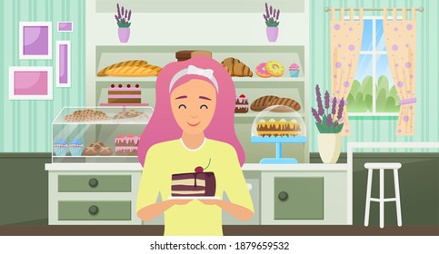 Bakery Shop Vector Illustration. Cartoon Happy Chef, Baker Woman Character Holding Piece Of Chocolate Cake, Young, Girl Standing Behind Counter With Sweet Dessert Pastry, Cookies And Muffins Background