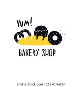 Bakery shop. Vector illustration of donut, cake, pretzel, loaf Logo concept