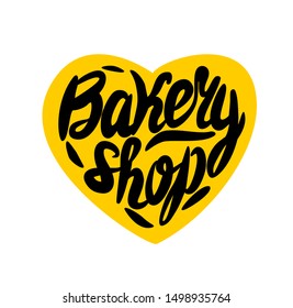 Bakery shop vector lettering logo. Yellow heart.