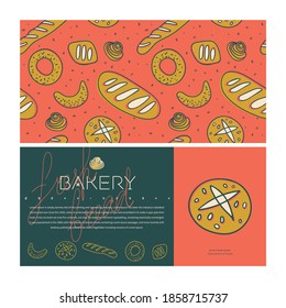 Bakery shop vector set design templates and branding elements in red colors. Bread seamless pattern with minimal illustrations, icons for baking, bakehouse logo design template and packaging design.