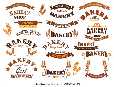 Bakery shop vector signs, icons and badges. Isolated banner and ribbons with stars and rolling pin. Cereal grain harvest symbols for bakery bread shop, pastry and patisserie desserts