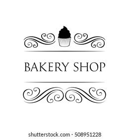 Bakery Shop. vintage label with chocolate cupcake. filigree ornate frame. Isolated On White Background