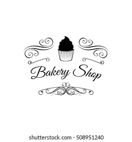 Bakery Shop. vintage label with chocolate cupcake. filigree ornate frame. Isolated On White Background