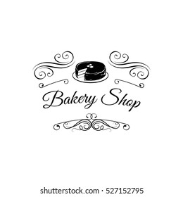 Bakery Shop. vintage label with chocolate cake. filigree ornate frame. Isolated On White Background 