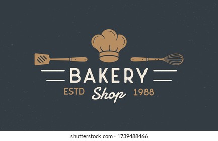 Bakery Shop - vintage logo concept. Logo of Bakery, Bakery House with chef hat, Spatula and Whisk. Bread house logo template. Grunge texture. Vector illustration