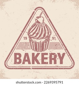 Bakery shop vintage monochrome label with cupcake with cherry on buttercream for dessert delivery service design vector illustration