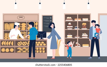 Bakery shop waiting line. Counter with bread and cakes, boulangerie food. People buy diverse pastry. Supermarket with sweets, kids with parents in store, recent vector scene