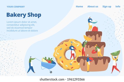 Bakery shop web banner concept, tiny character pastry business, bake muffin cake flat vector illustration, computer network site.