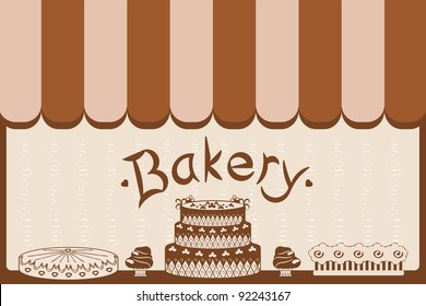 bakery shop window with cakes