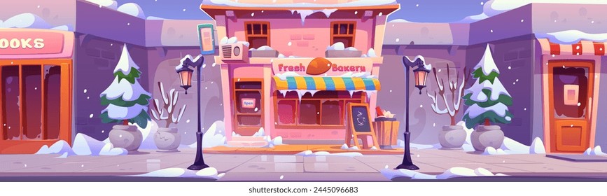 Bakery shop in winter city street. Vector cartoon illustration of urban buildings with windows, doors and store signboards, piles of snow, fir trees and retro lanterns on pavement, cafe exterior